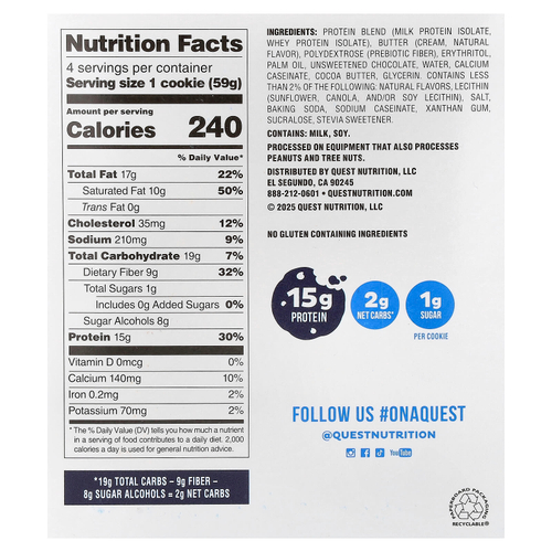 Quest Nutrition, Протеиновое печенье, шоколадная крошка, 4 пакетика, 59 г (2,08 унции)