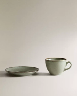 ZARA HOME ЧАЙНАЯ ЧАШКА ИЗ ФАРФОРА С ИСКУССТВЕННО СОСТАРЕННОЙ КАЙМОЙ, ЗЕЛЕНЫЙ