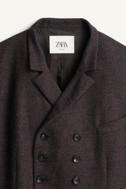 ZARA ДВУБОРТНЫЙ БЛЕЙЗЕР ДЛЯ КОСТЮМА ИЗ ФАКТУРНОЙ СМЕСИ ШЕРСТИ, КОРИЧНЕВЫЙ