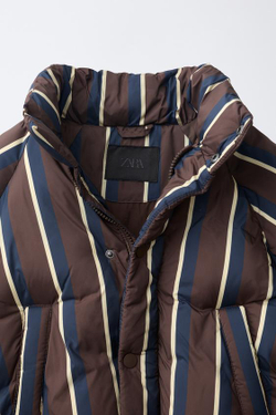 ZARA СТЕГАНОЕ ПАЛЬТО WATER REPELLENT В ПОЛОСКУ, КОРИЧНЕВЫЙ/ЗЕЛЕНЫЙ
