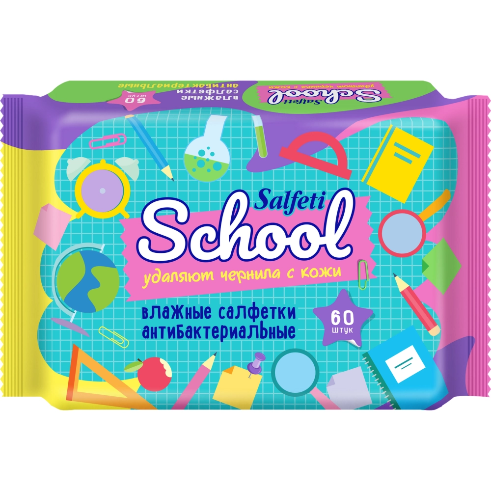 Салфетки влажные SALFETI School детские антибактериальные GM 60 шт✦