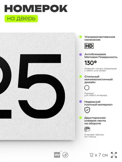 Номер на дверь 225, табличка на дверь для офиса, квартиры, кабинета, аудитории, склада, белая 120х70 мм, Айдентика Технолоджи
