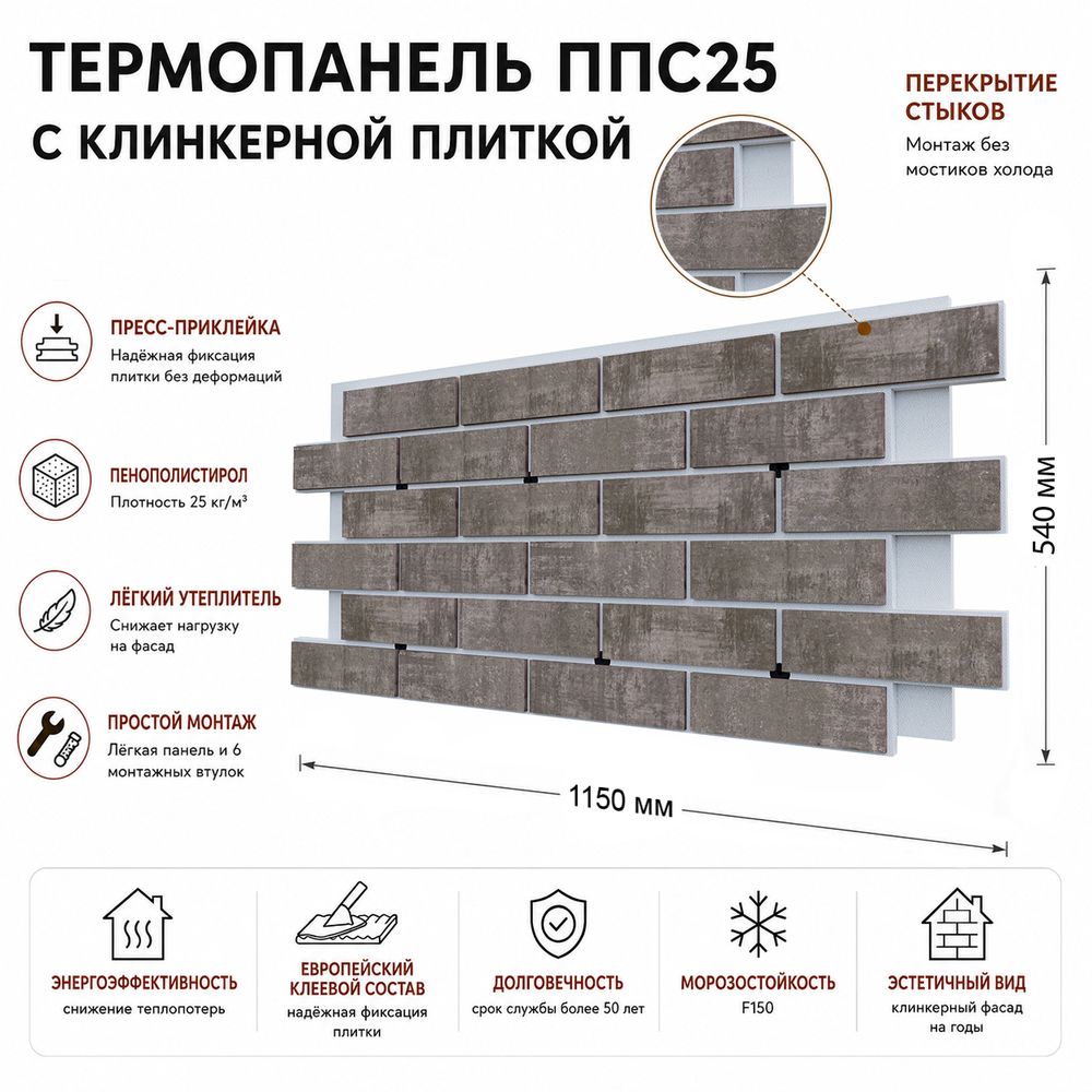 Клинкерная фасадная термопанель ППС25 Береза Керамика Брик Уолл Серый 1150x540