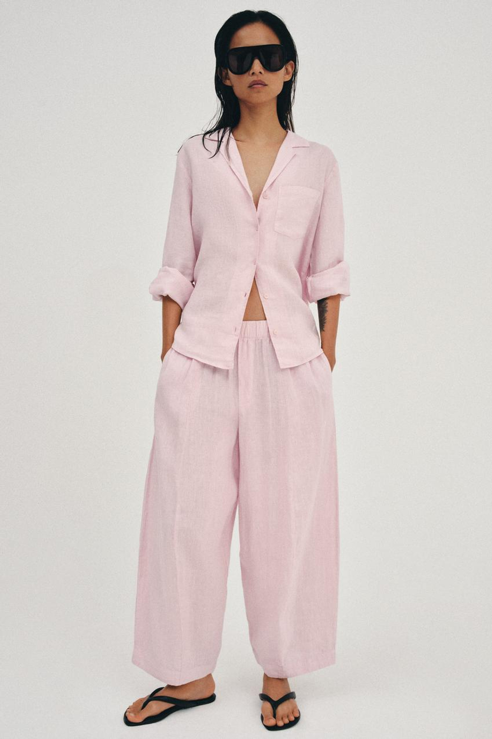 ZARA РУБАШКА ИЗ ЛЬНА С КАРМАНОМ — ZW COLLECTION, СВЕТЛАЯ МАЛЬВА