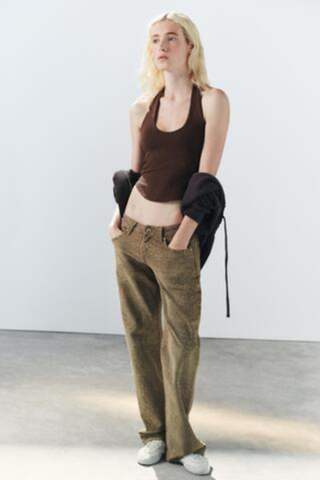 ZARA ТОП С ГОРЛОВИНОЙ ХАЛТЕР И ЗАКРУГЛЕННЫМ НИЗОМ, КОРИЧНЕВЫЙ