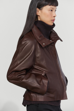 Massimo Dutti Короткая куртка из кожи наппа с поясом, коричневый