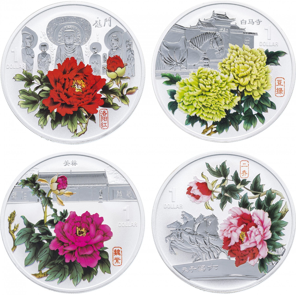 Набор из 4 монет 1 доллар. Пионы Цветы небесной красоты. О-ва Кука. 2008 год. PROOF