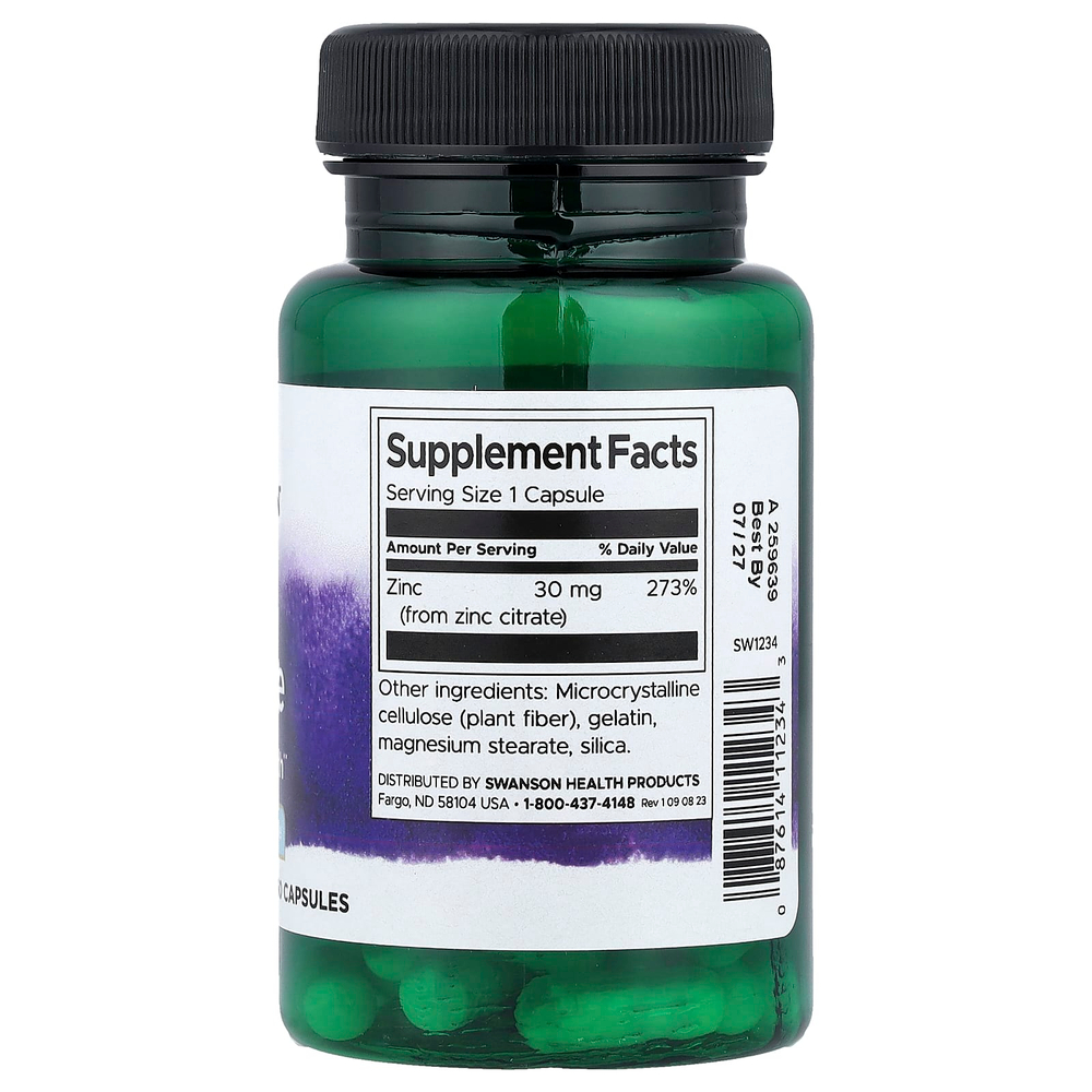 Swanson Vitamins, Цитрат цинка, 30 мг, 60 капсул