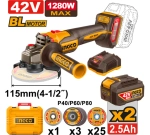 Аккумуляторная угловая шлифовальная машина (УШМ) INGCO CAGLI4128112 INDUSTRIAL 42 В 115 мм 2х2,5 Ач