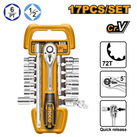 Набор торцевых головок с трещоткой INGCO HKTS12171 INDUSTRIAL 1/2" 10-24 мм 17 шт.