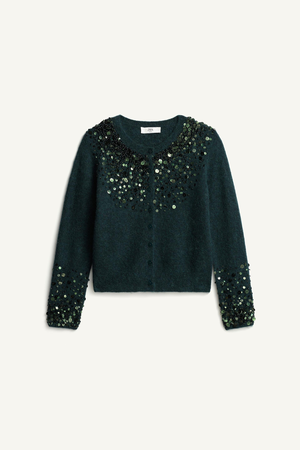 ZARA ТРИКОТАЖНЫЙ КАРДИГАН С ПАЙЕТКАМИ - LIMITED EDITION, УТИНО-ЗЕЛЕНЫЙ