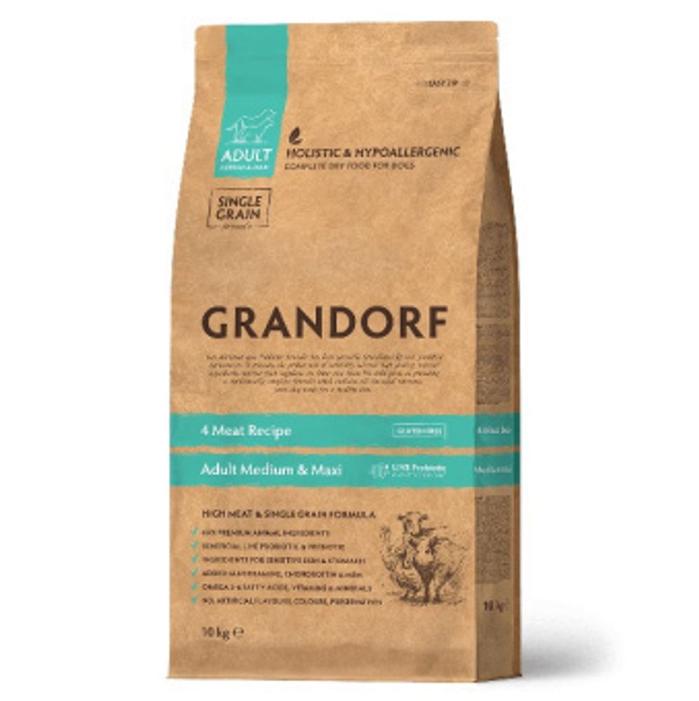 Grandorf 1кг 4 Meat Recipe Medium &amp; Maxi Holistic Probiotic для собак средних и крупных пород, с ПРОБИОТИКАМИ, 4 вида мяса с рисом