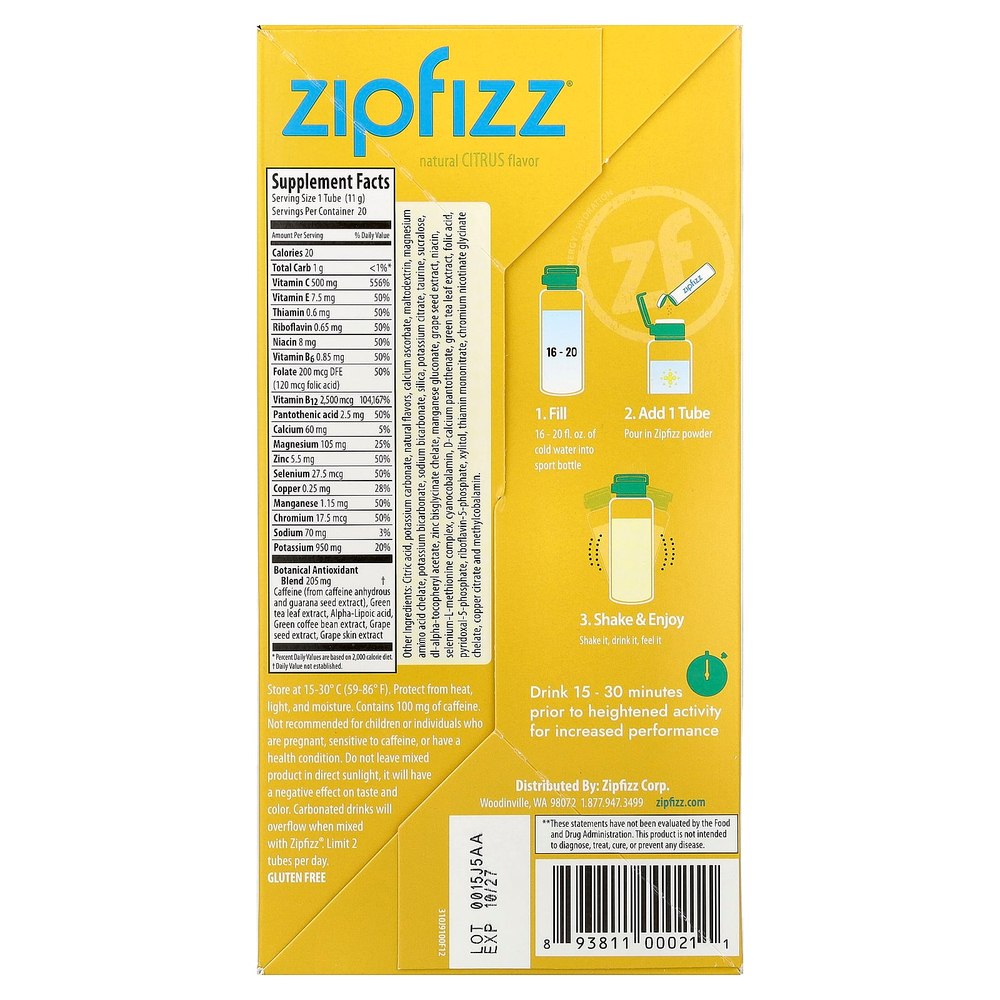 Zipfizz, смесь для приготовления напитка, цитрус, 20 тюбиков по 11 г (0,39 унции)