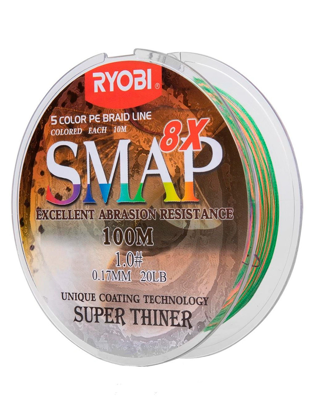 Шнур плетеный для рыбалки Ryobi SMAP PE8X-100M Multi Colour 6.0# 0,405мм