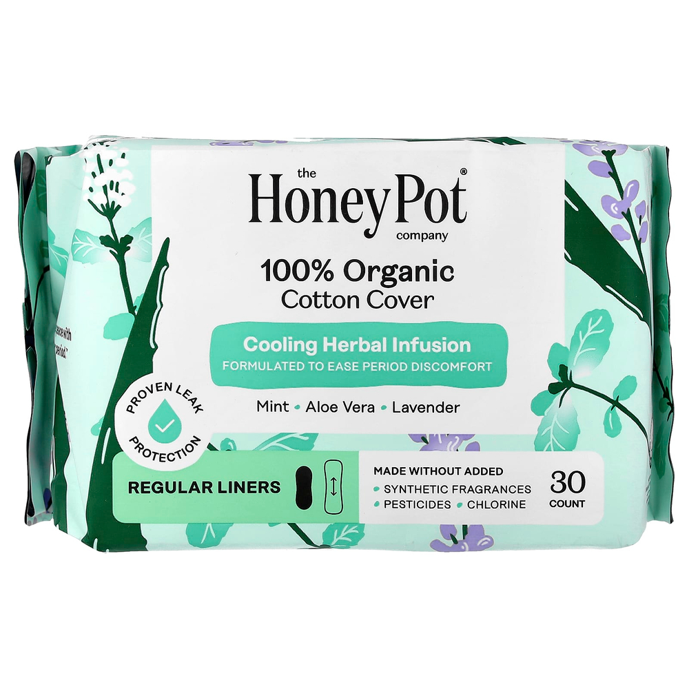 The Honey Pot Company, оболочка из 100% органического хлопка, охлаждающий травяной настой, обычные прокладки, 30 штук