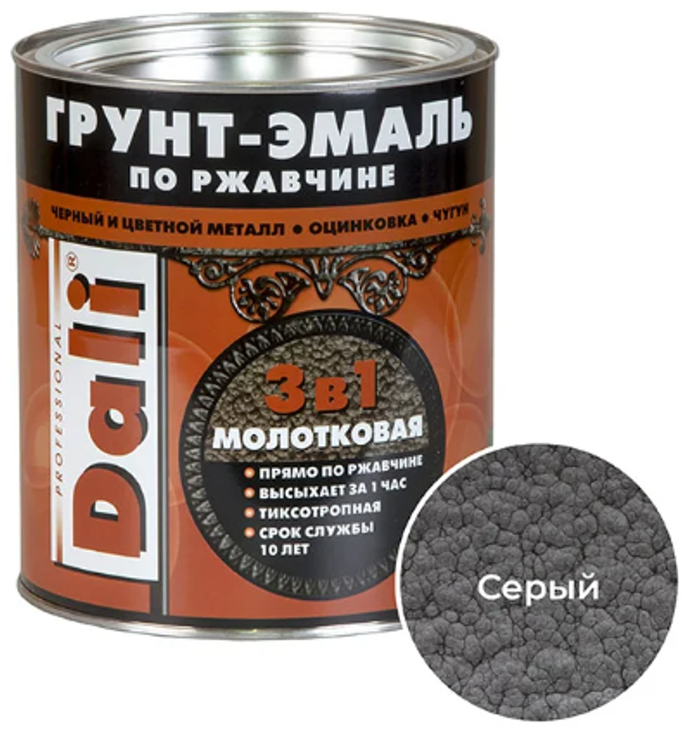 ГРУНТ- ЭМАЛЬ ПО РЖАВЧИНЕ "DALI" 3 В 1 МОЛОТКОВАЯ СЕРАЯ 2 Л (6) "РОГНЕДА" 29337