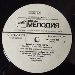 Винтажная виниловая пластинка LP Лембит Саарсалу и Леонид Винцкевич Джаз Для Двоих Блюз На Всю Ночь Blues For The Night (СССР 1991)