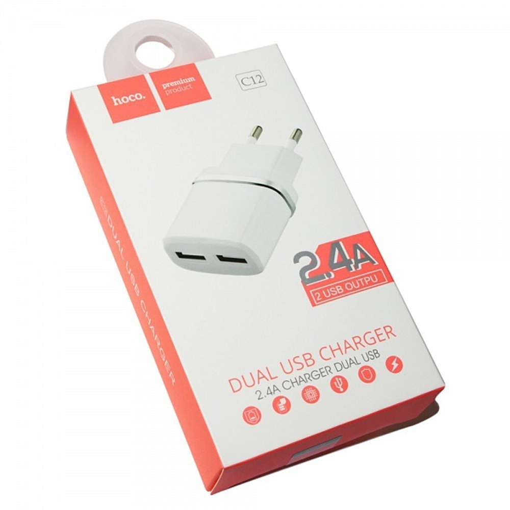 Сетевая зарядка 2-USB 2.4А Hoco C12 Smart белое