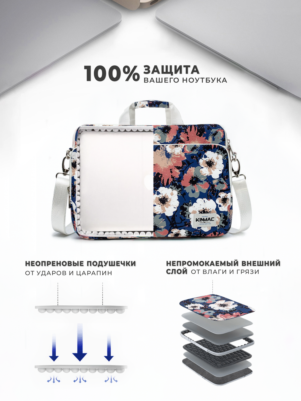 Сумка для ноутбука 15,6" и 17" с ремнем на плечо и большим карманом спереди (Цветы)