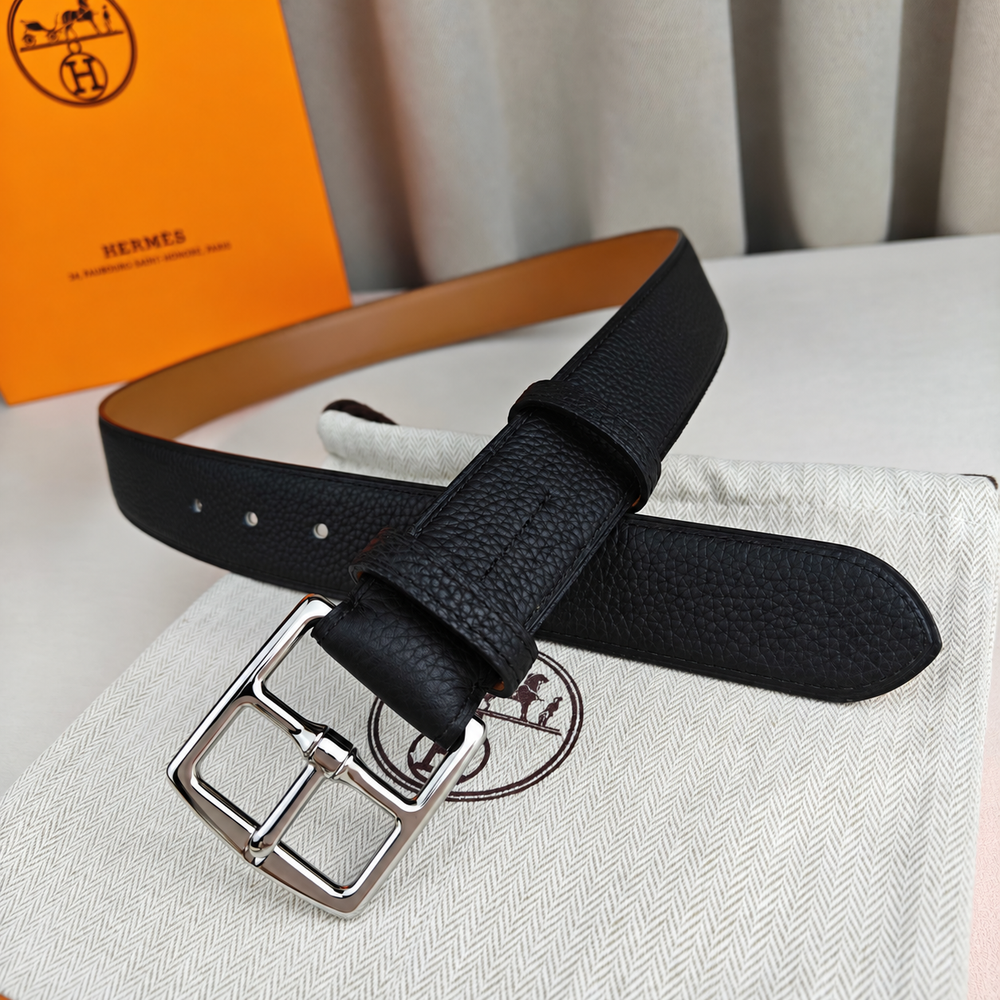 Мужской ремень Hermès с прямоугольной пряжкой, 3.5 см — чёрный / карамельный — фото 2