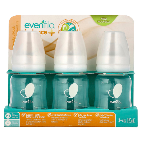 Evenflo Feeding, Balance +, стандартные, для детей от 0 месяцев, с медленным потоком, 3 флакона по 120 мл (4 унции)