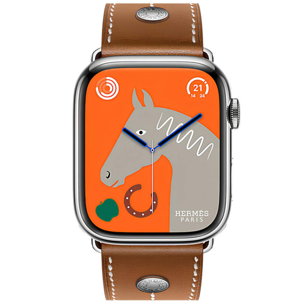 Apple Watch Series 9 Hermes 45mm, классический кожаный ремешок коричневого цвета c клепкой