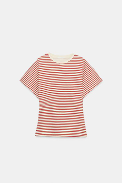 ZARA ФУТБОЛКА В ПОЛОСКУ С ШИРОКИМИ РУКАВАМИ, БОРДОВЫЙ/ЭКРЮ