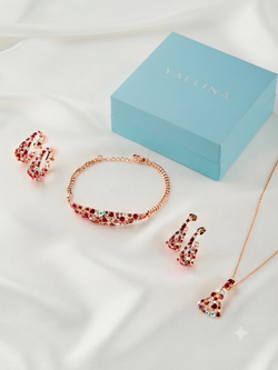Серьги-полукольца вечерние Россыпь из красных камней Swarovski