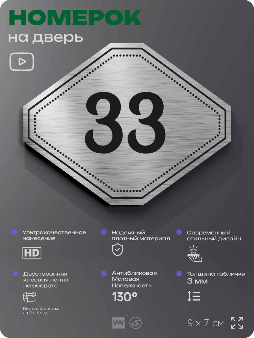 Номерок на дверь квартиры 33, для кабинета, офиса, шильдик 9 х 7 см, серебристый, Айдентика Технолоджи