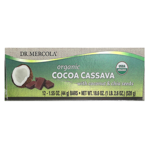 Dr. Mercola, органическая кассава с какао, с семенами кокоса и чиа, 12 батончиков по 44 г (1,55 унции)