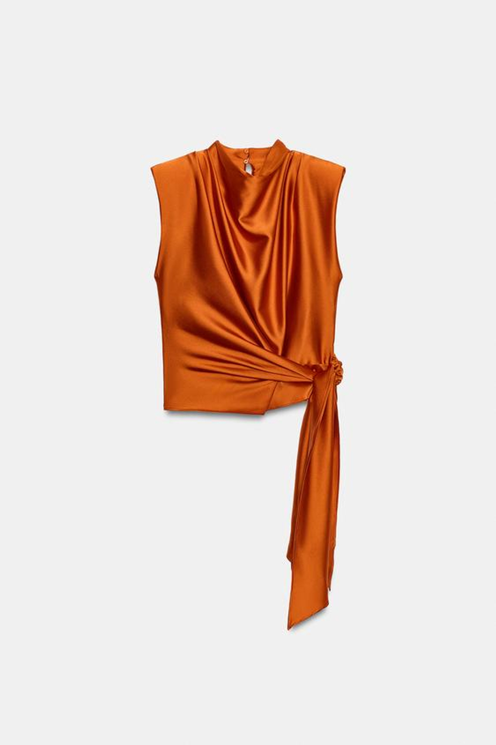 ZARA АТЛАСНЫЙ ТОП С ПОДПЛЕЧНИКАМИ И УЗЛОМ, ЦВЕТ ЖЖЕНОГО АПЕЛЬСИНА