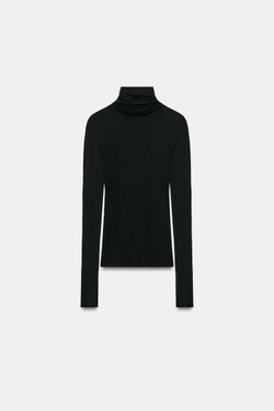 ZARA ФУТБОЛКА SUPIMA® С ВОРОТНИКОМ-СТОЙКОЙ, ЧЕРНЫЙ