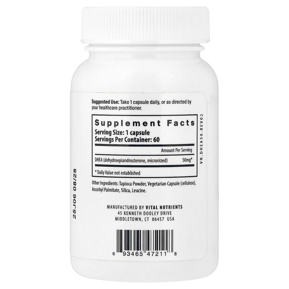 Vital Nutrients, ДГЭА (микронизированный), 50 мг, 60 веганских капсул