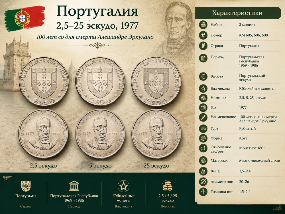 Португалия 2,5-25 эскудо, 1977 Алешандре Эркулано, набор 3 шт. UNC