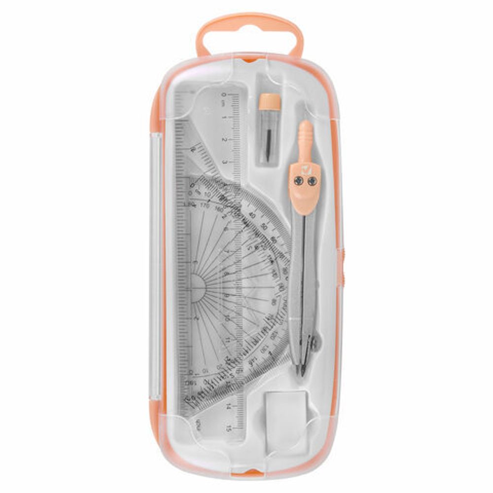 Готовальня BRAUBERG SCHOOL KIT, 8 предметов, циркуль 115 мм, чертежные принадлежности, персиковый цвет, 210704