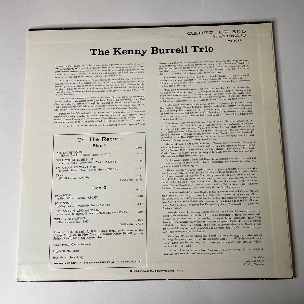 Винтажная виниловая пластинка LP The Kenny Burrell Trio A Night At The Vanguard (Japan 1975) (No Obi) Soft Winds