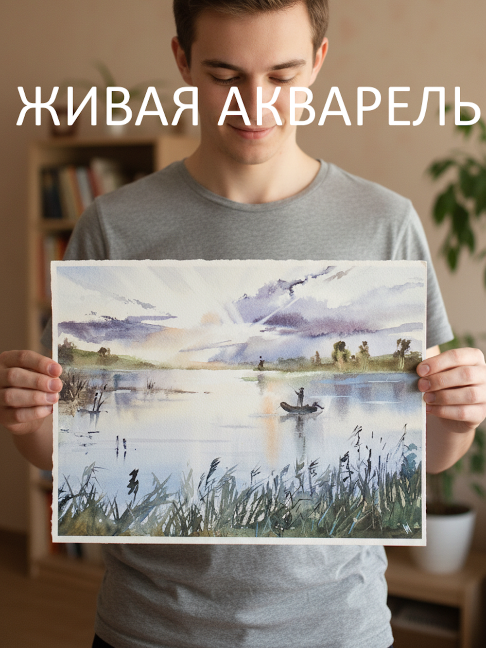 Картина авторская акварельная в паспарту 40х50 см на стену для интерьера "На вечерней зорьке"