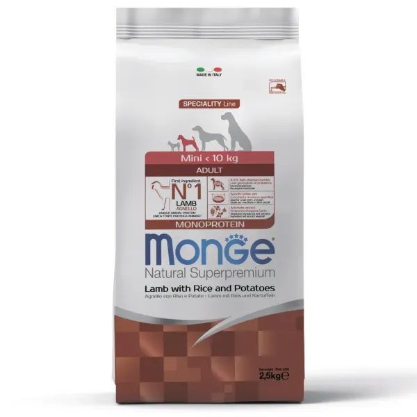 Сухой корм Monge Dog Speciality Line Monoprotein Mini для взрослых собак мелких пород, из ягненка с рисом и картофелем