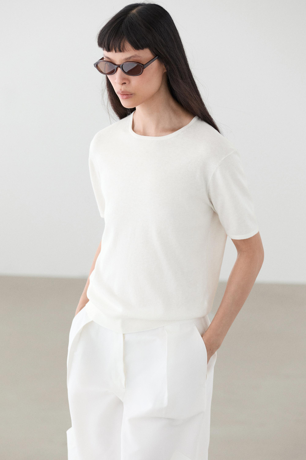 Massimo Dutti Свитер из смесового хлопка с короткими рукавами, натуральный/кремовый