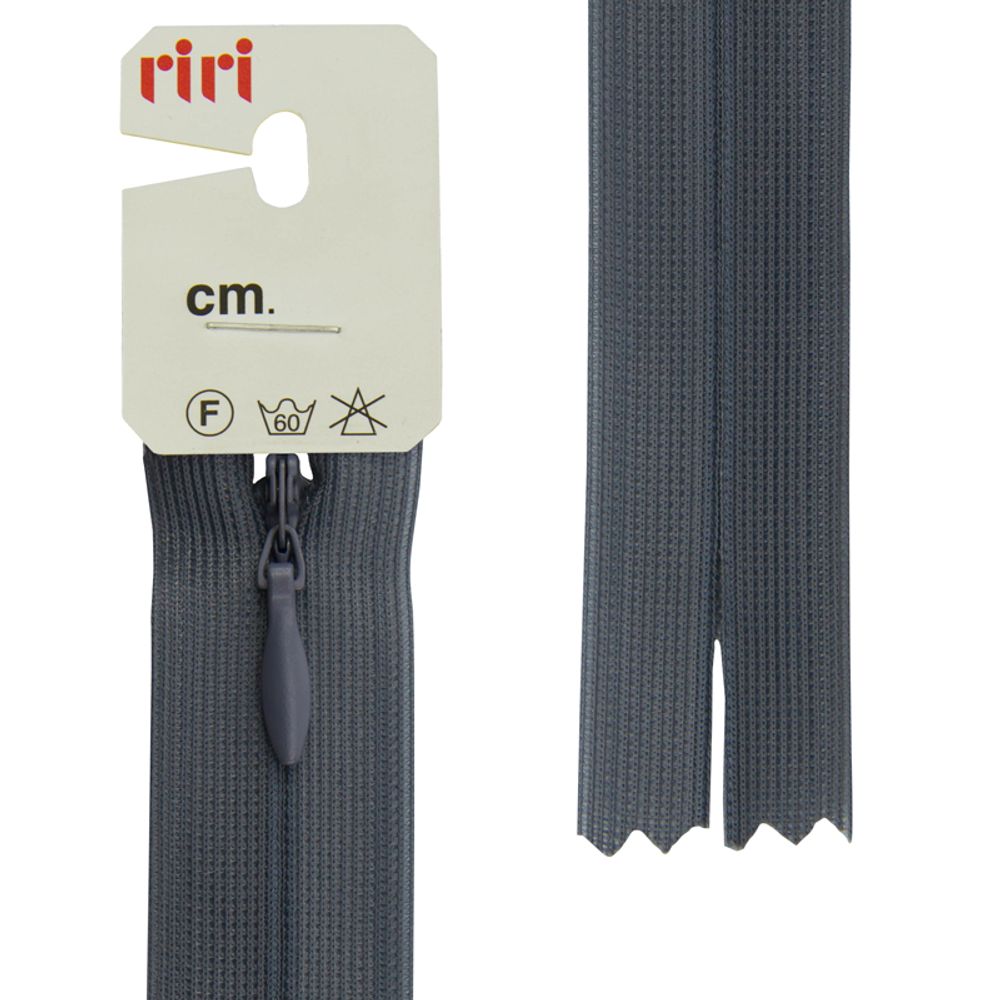 Молния потайная (скрытая) RIRI Т3 (3 мм) 1 зам., н/раз., 60 см, цв.2121, серый стальной, 10 шт