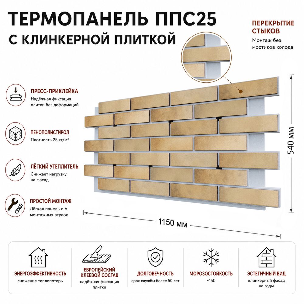Клинкерная фасадная термопанель ППС25 Cerrad Retro Brick Salt 1150x540