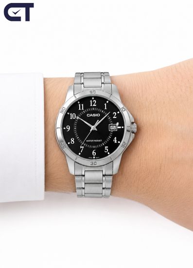 Casio MTP-V004D-1B Standard часы наручные мужские — чёрный циферблат, стальной браслет и дата