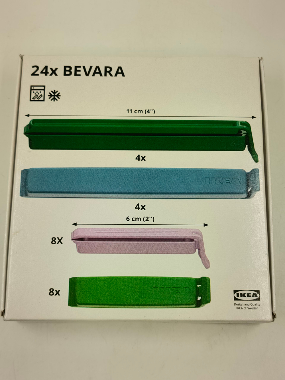 IKEA Зажимы для пакетов BEVARA зеленые синие сиреневые 8 штук 11 см 16 штук 6 см (Индия)