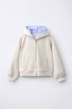 ZARA СПОРТИВНАЯ КУРТКА С КАПЮШОНОМ И ПОЛОСКАМИ, ЭКРЮ