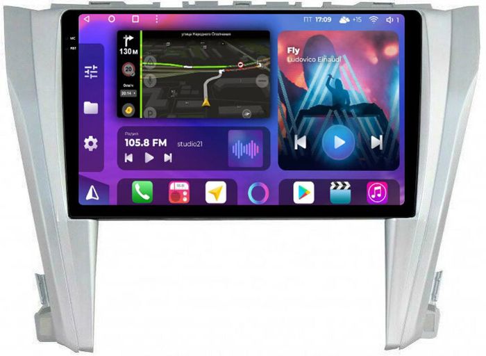 Магнитола для Toyota Camry 2014-2018 (рамка серебро) - FarCar BM466M-2K монитор 10.36" 2K QLED на Android 14, Быстрая, CarPlay, 4G SIM-слот