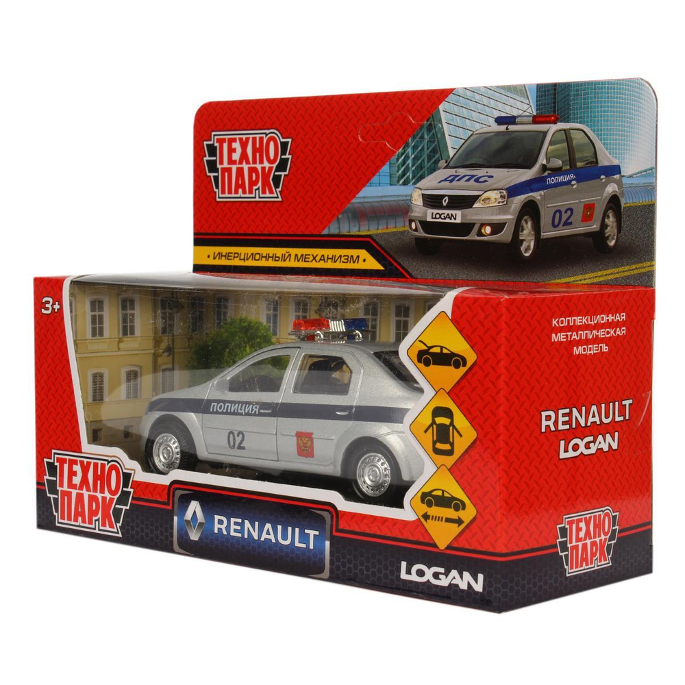 Модель ин. мет. "Renault Logan.Полиция" 12см, двери, баг, серебристый, коробка LOGAN-P (Технопарк)