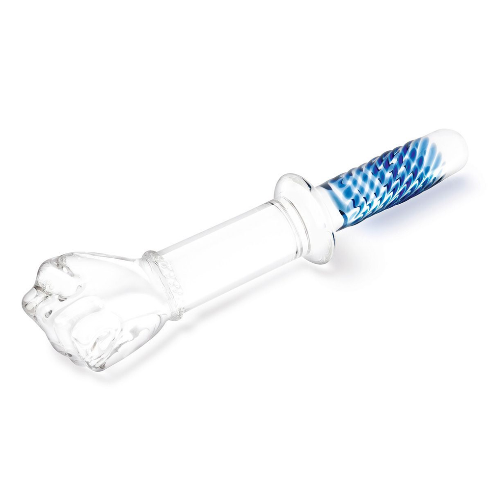Стеклянный стимулятор в форме сжатой в кулак руки 11’’ Glass Fist Double Ended With Handle Grip - 28 см. (Цвет: синий)