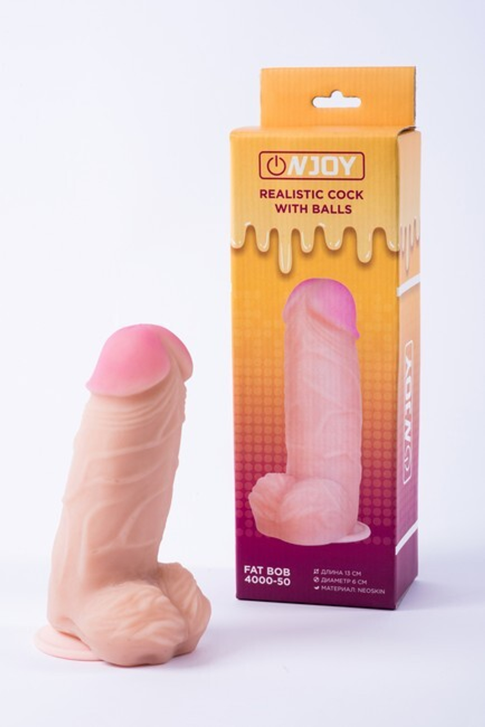 Реалистичный фаллоимитатор на присоске с мошонкой из кибер-кожи Onjoy Realistic Cock With Balls Fat Bob (Цвет: телесный)