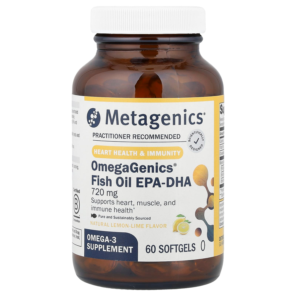 Metagenics, OmegaGenics®, рыбий жир с ЭПК и ДГК, натуральный вкус лимона и лайма, 720 мг, 60 капсул