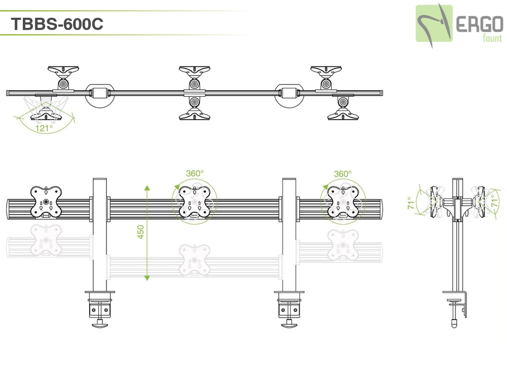 ErgoFount TBBS-600C Настольное крепление back-to-back для 6 мониторов диагональю до 24'' конфигурации 1х3 с зажимом к столу типа "С". Цвет - серебристый